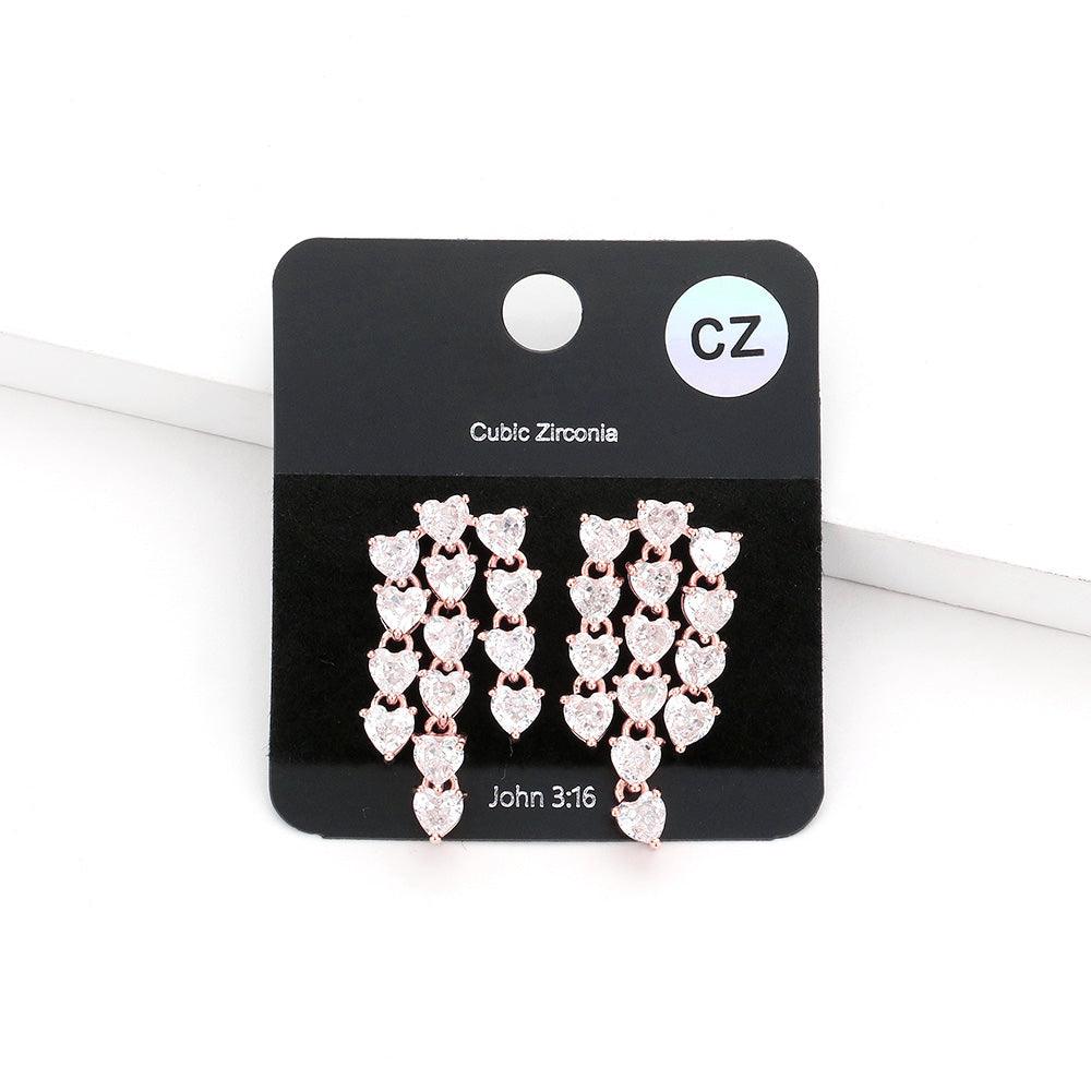 Rose Gold CZ Heart Cluster Link Dangle Earrings