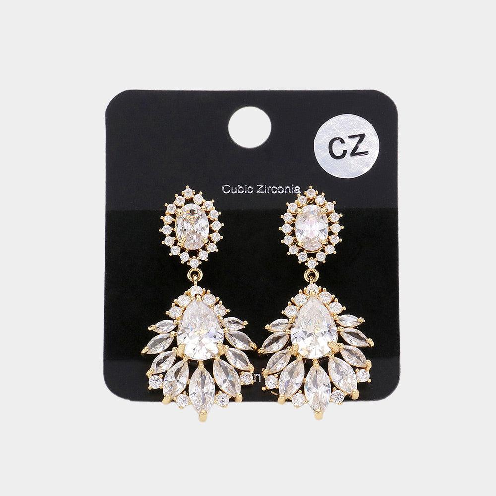 Gold Multi CZ Stone Cluster Dangle Evening Earrings