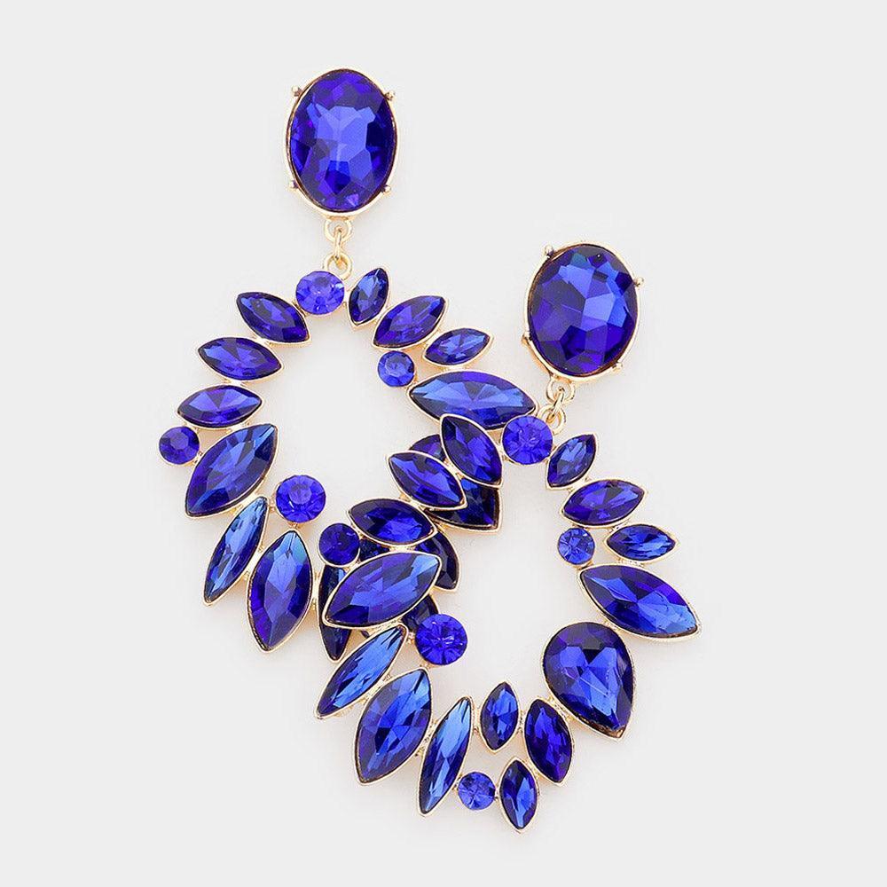 Gold Marquise Stone Cluster Open Oval Evening Earrings