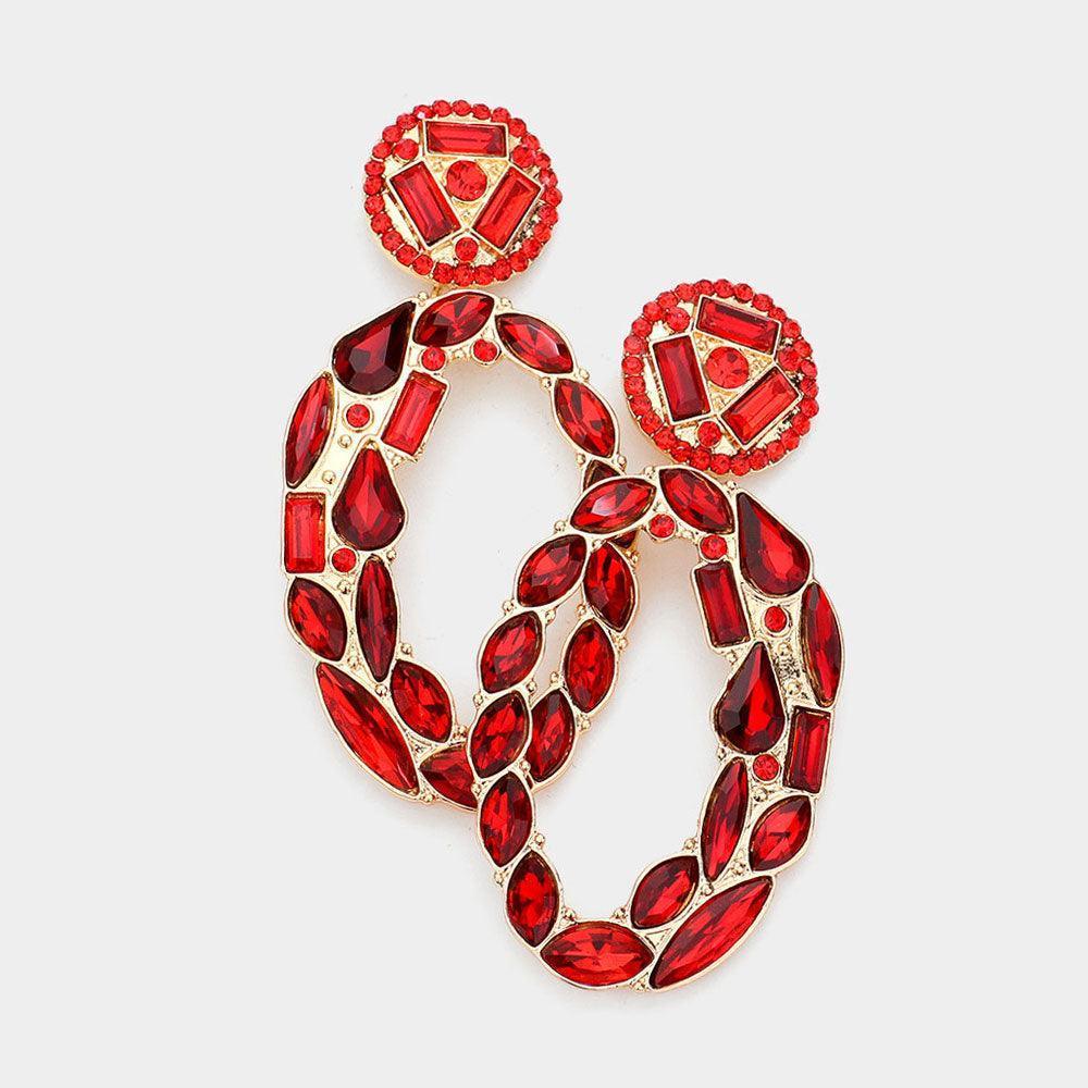 Red Marquise Round Rectangular Stone Cluster Evening Earrings - Jewelry Store by Erik Rayo