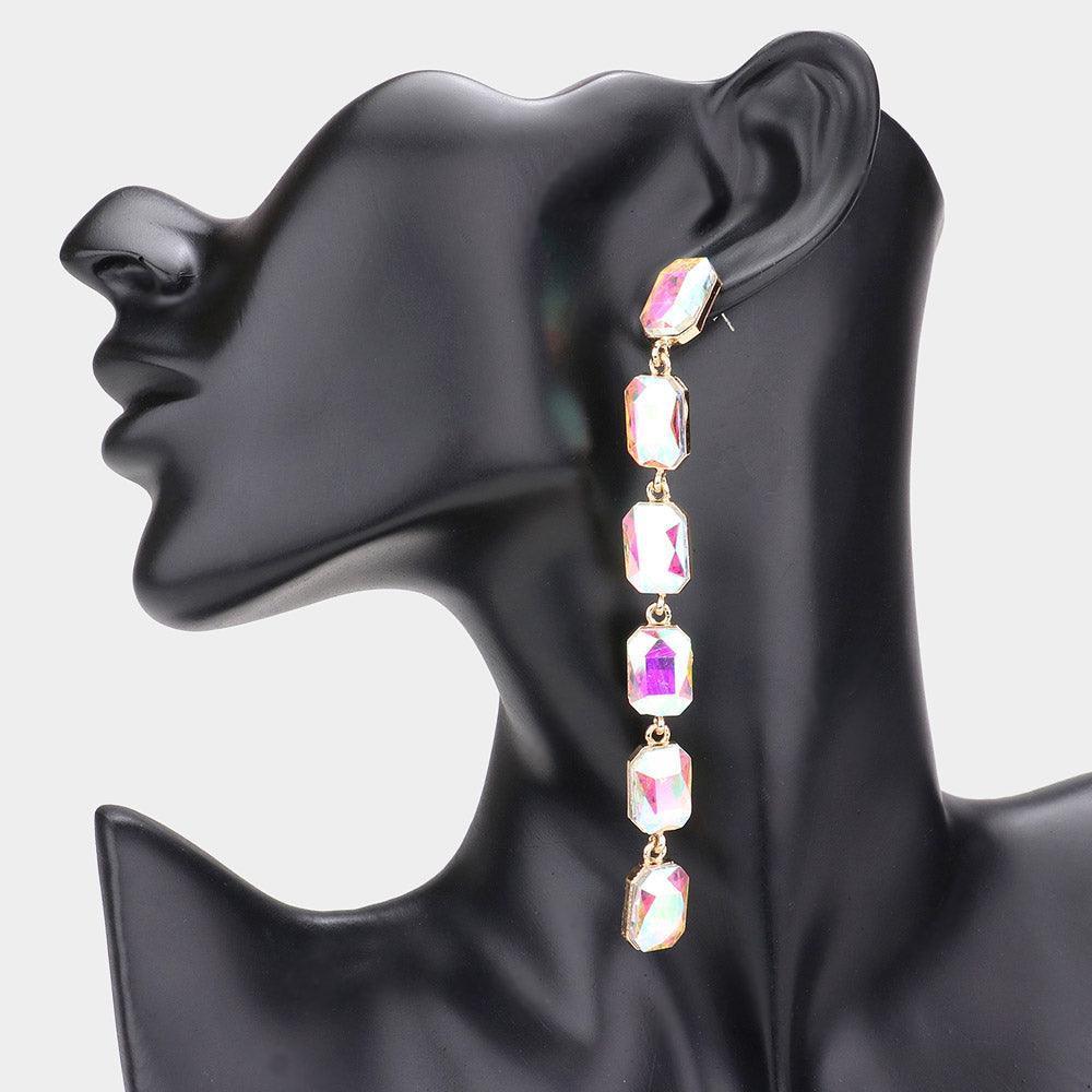 Gold Emerald Cut Stone Link Dangle Evening Earrings - Jewelry Store by Erik Rayo