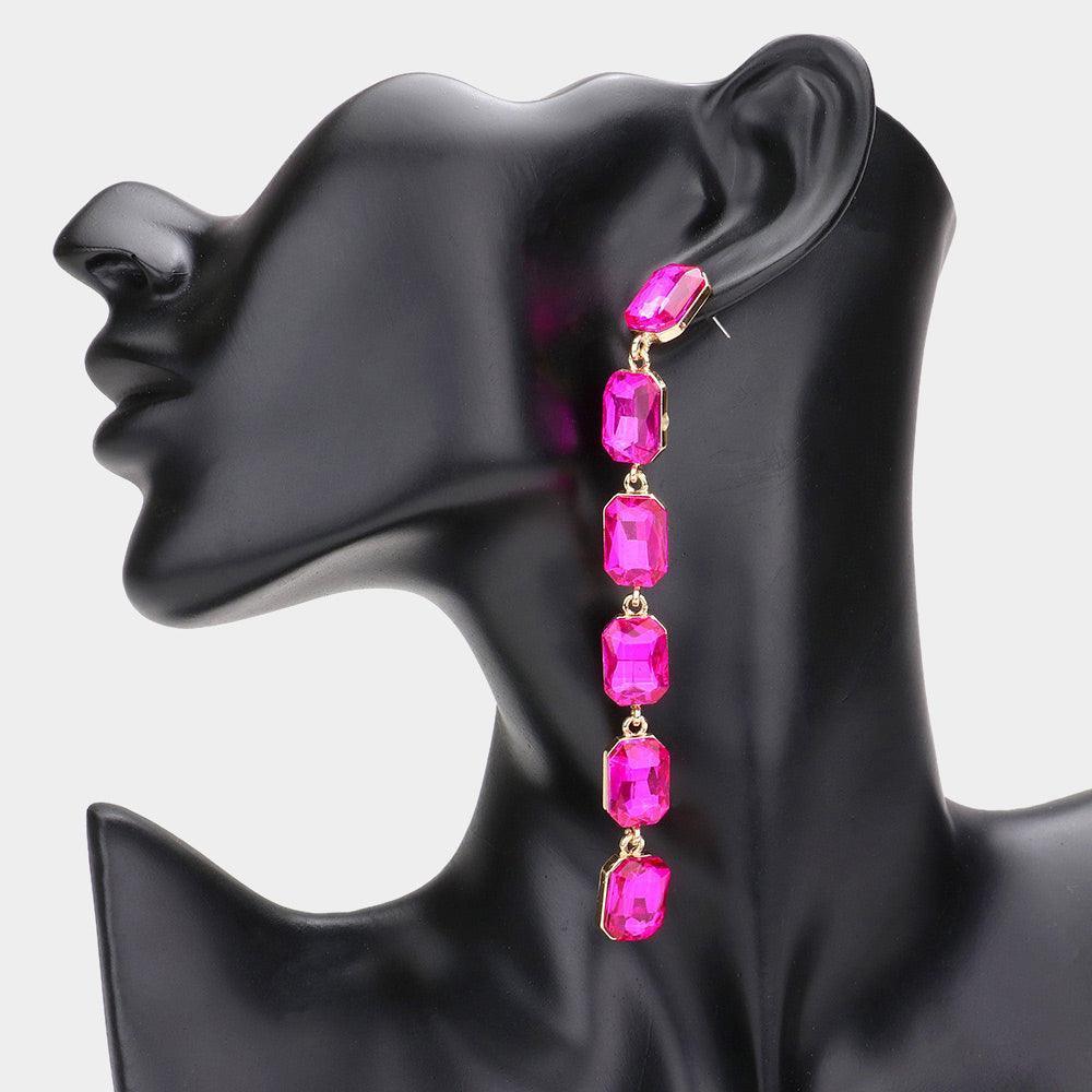 Fuchsia Emerald Cut Stone Link Dangle Evening Earrings - Jewelry Store by Erik Rayo