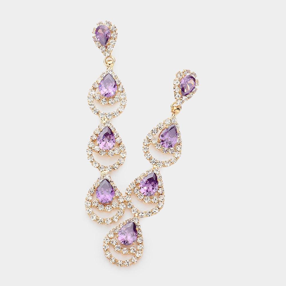 Amethyst CZ Teardrop Stone Accented Link Dangle Evening Earrings - Jewelry Store by Erik Rayo
