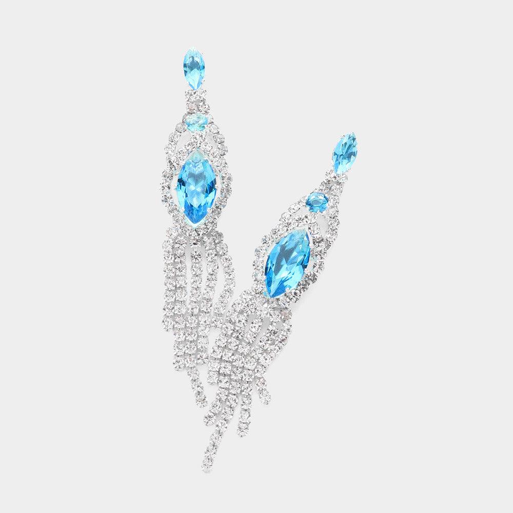 Turquoise Marquise CZ Stone Pointed Stone Paved Fringe Evening Earrings