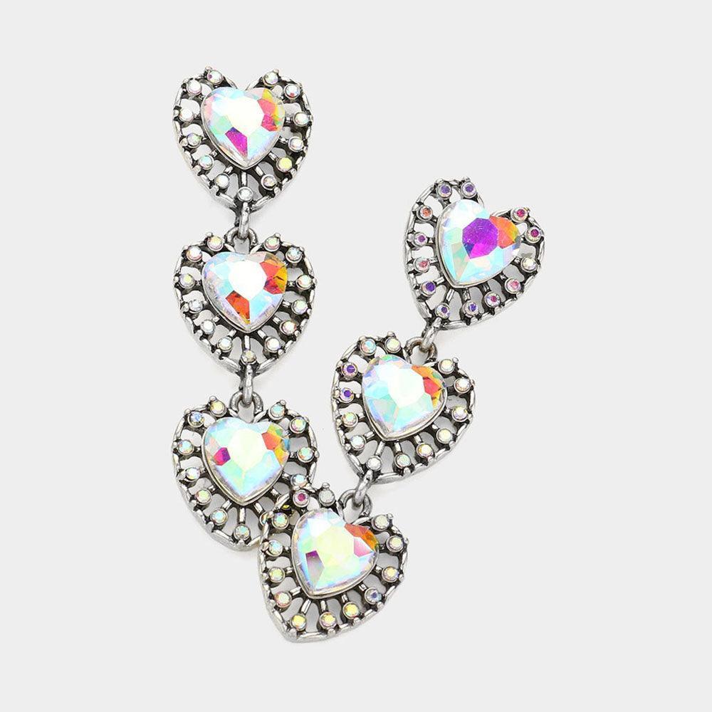 Silver Heart Stone Cluster Link Dropdown Earrings - Jewelry Store by Erik Rayo