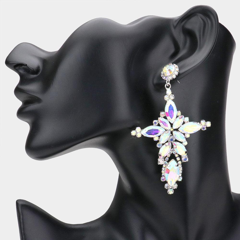 Silver Marquise Stone Cluster Cross Dangle Evening Earrings