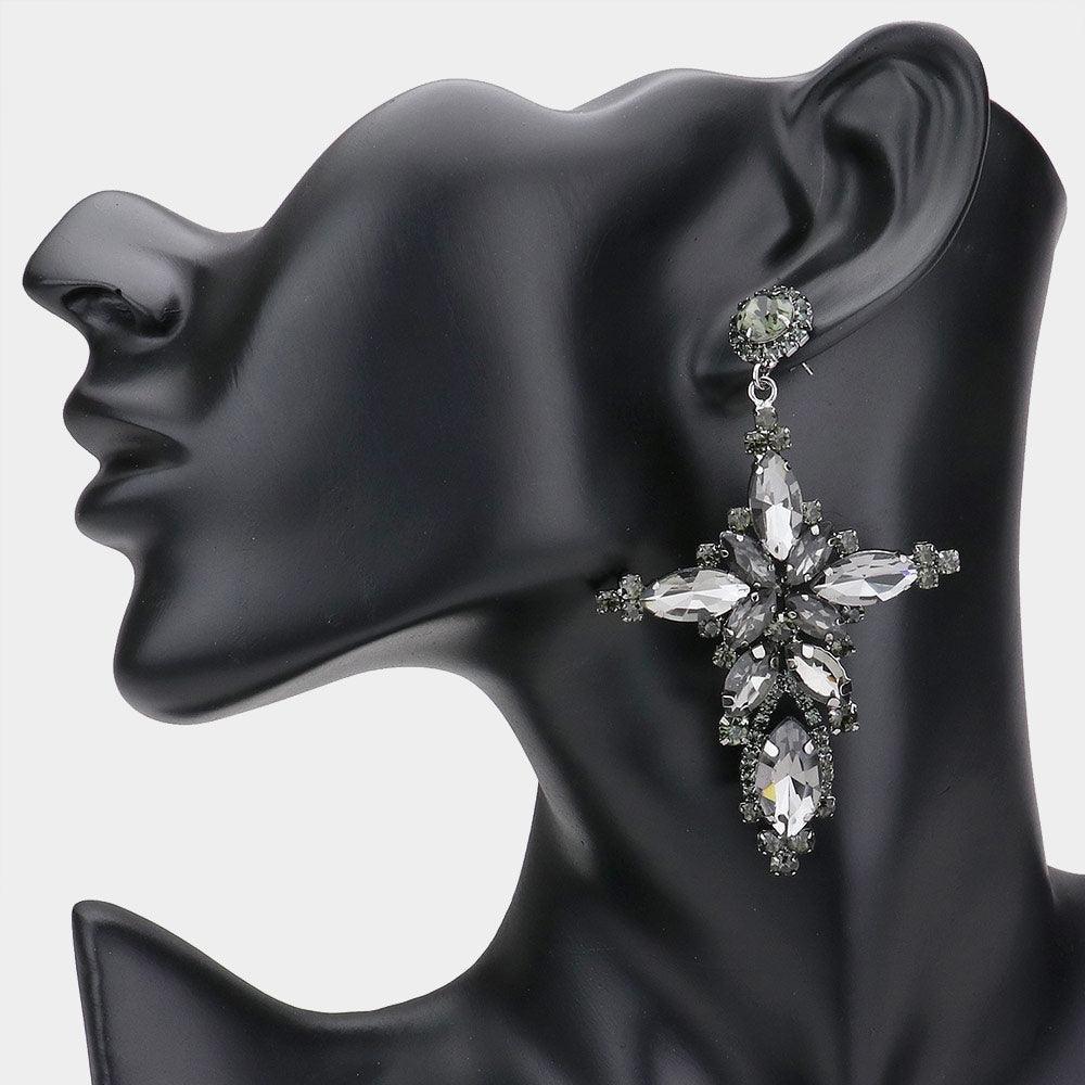 Black Marquise Stone Cluster Cross Dangle Evening Earrings - Jewelry Store by Erik Rayo