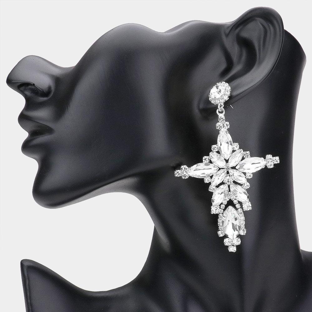 Silver Marquise Stone Cluster Cross Dangle Evening Earrings - Jewelry Store by Erik Rayo
