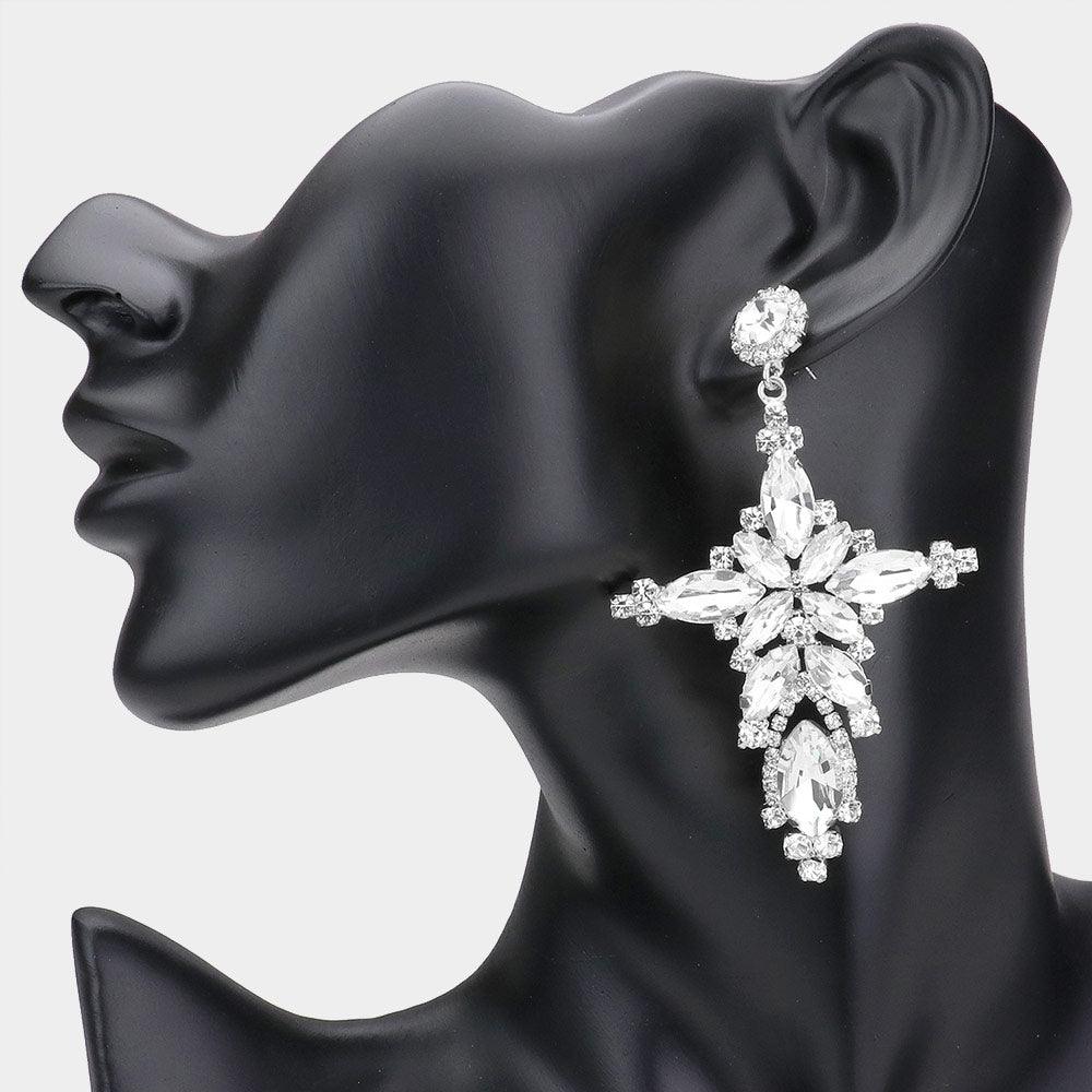 Silver Marquise Stone Cluster Cross Dangle Evening Earrings