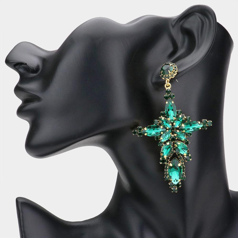 Emerald Marquise Stone Cluster Cross Dangle Evening Earrings - Jewelry Store by Erik Rayo