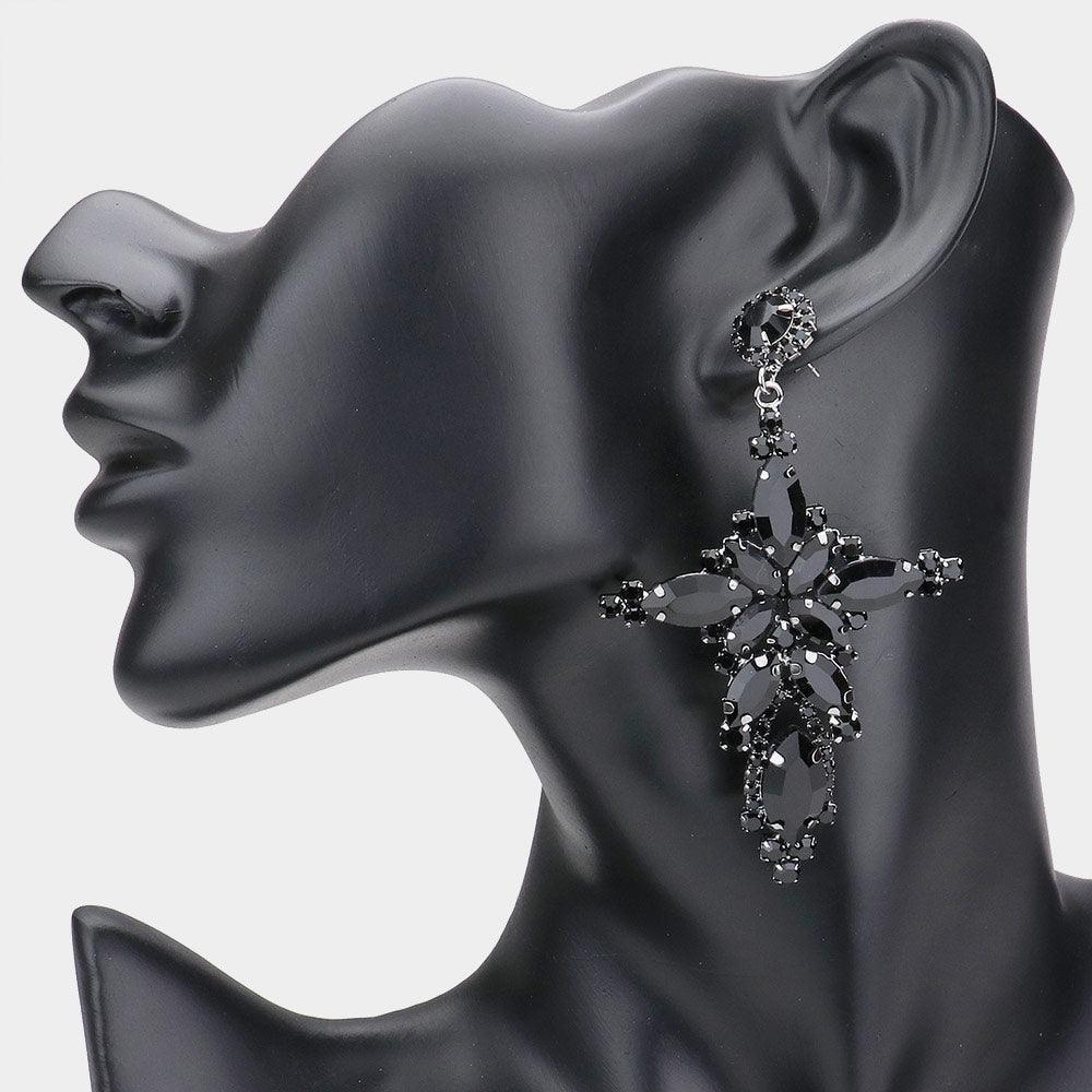 Black Marquise Stone Cluster Cross Dangle Evening Earrings - Jewelry Store by Erik Rayo
