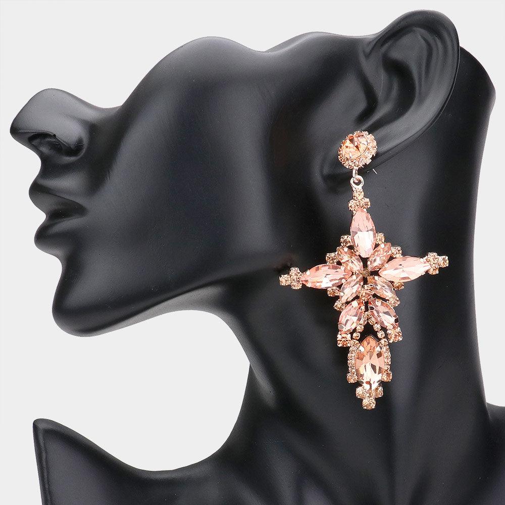 Peach Marquise Stone Cluster Cross Dangle Evening Earrings