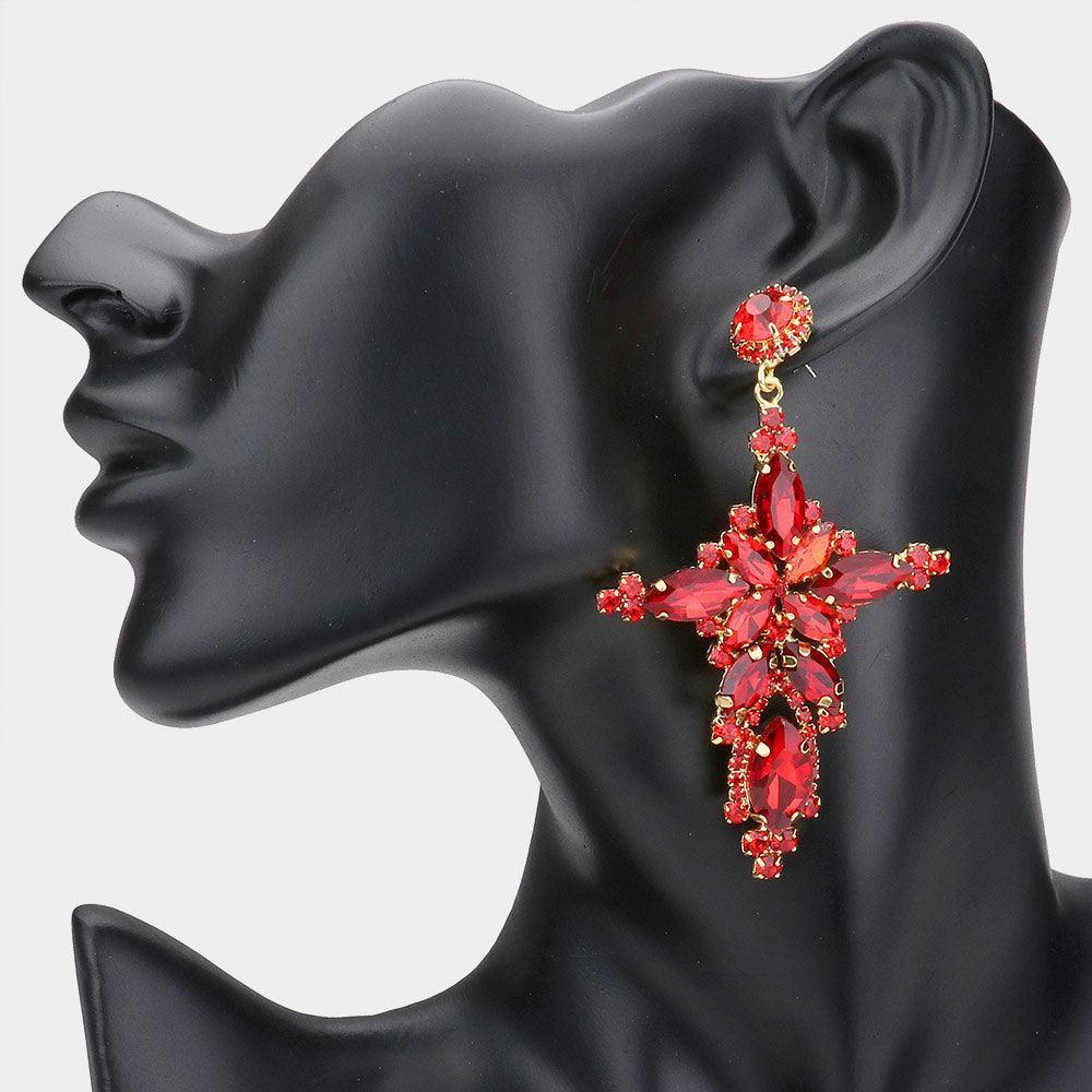 Red Marquise Stone Cluster Cross Dangle Evening Earrings - Jewelry Store by Erik Rayo