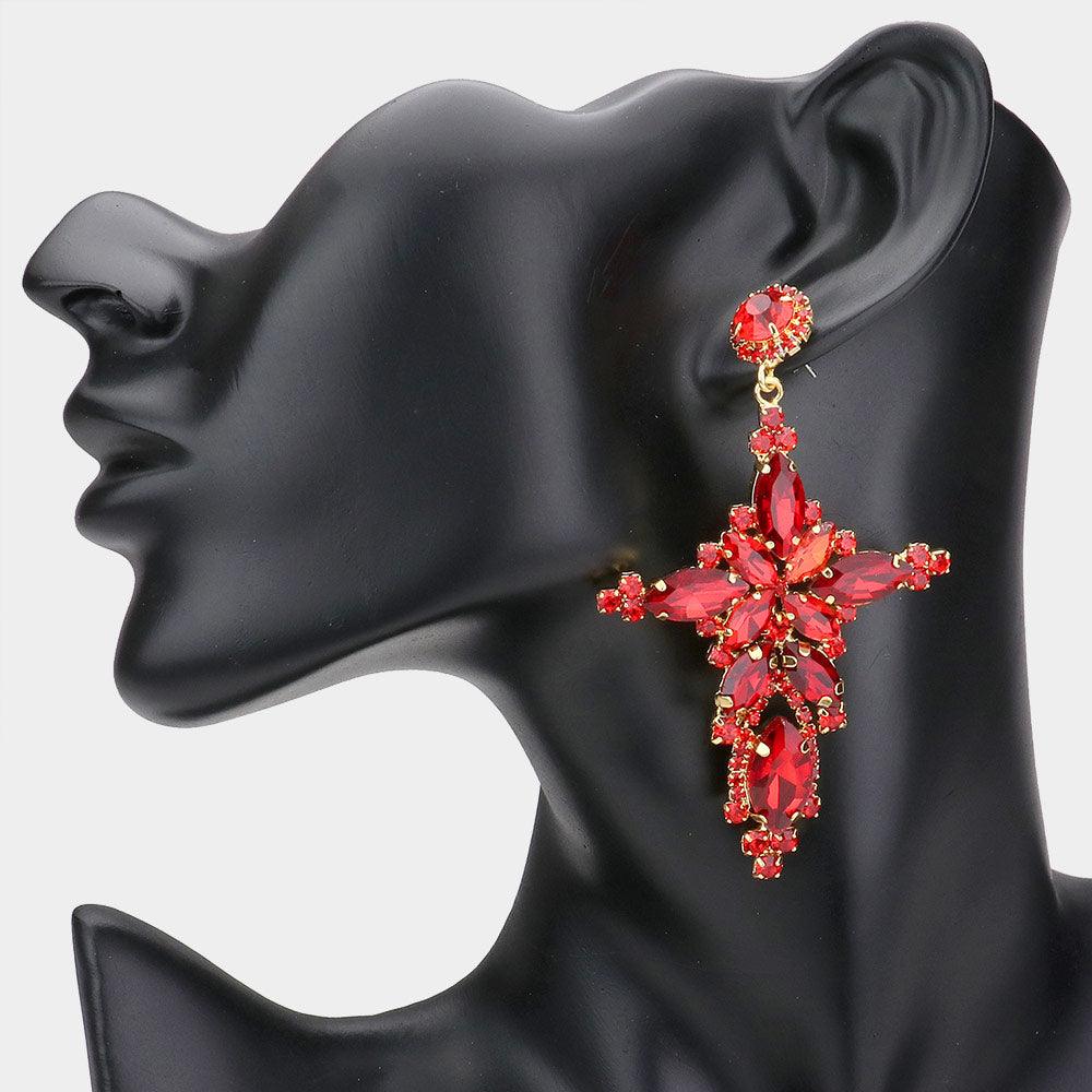 Red Marquise Stone Cluster Cross Dangle Evening Earrings