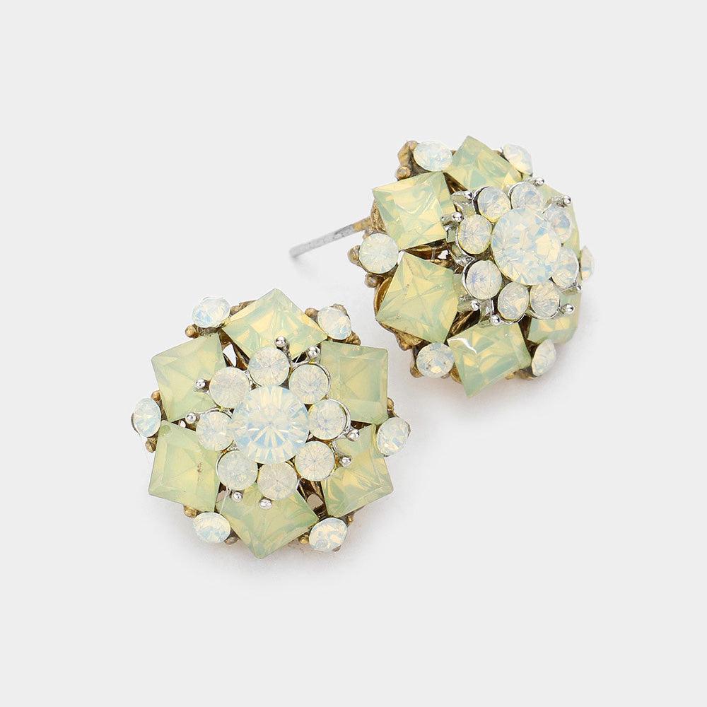 White Round Square Stone Cluster Stud Evening Earrings