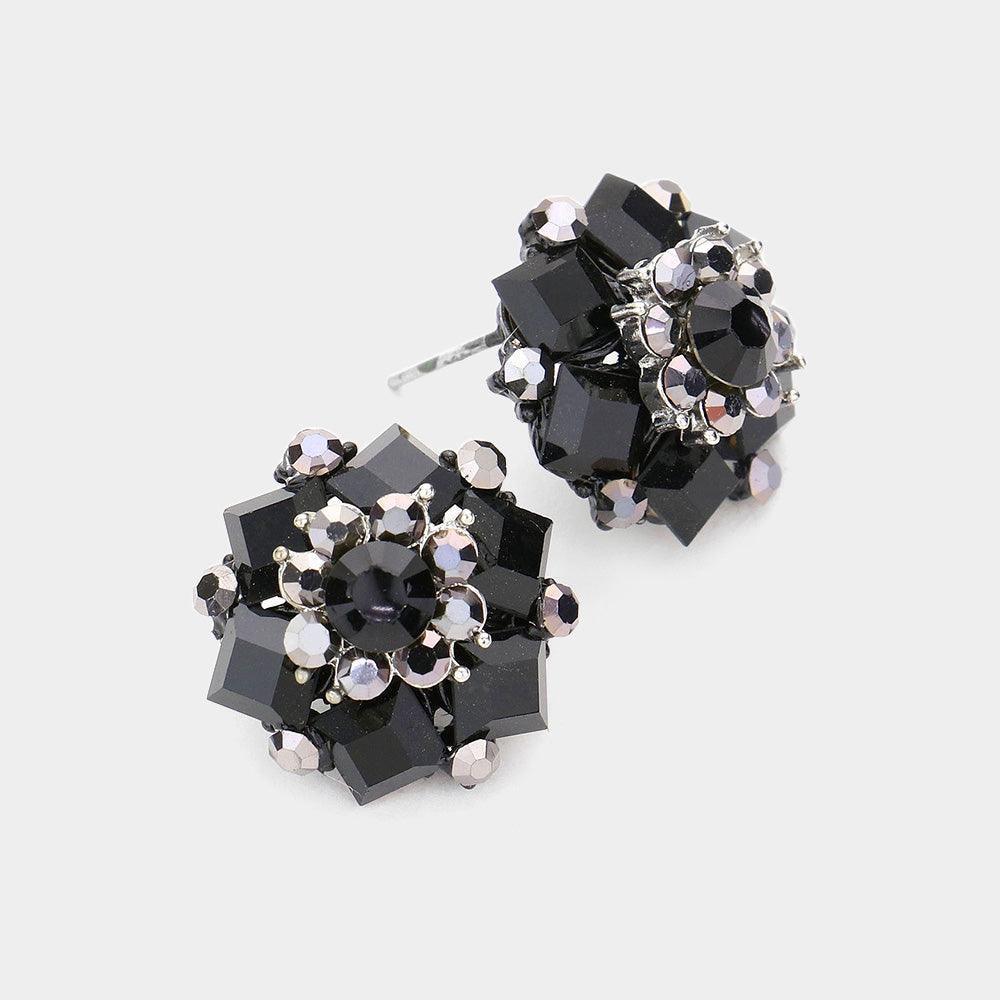 Black Round Square Stone Cluster Stud Evening Earrings - Jewelry Store by Erik Rayo