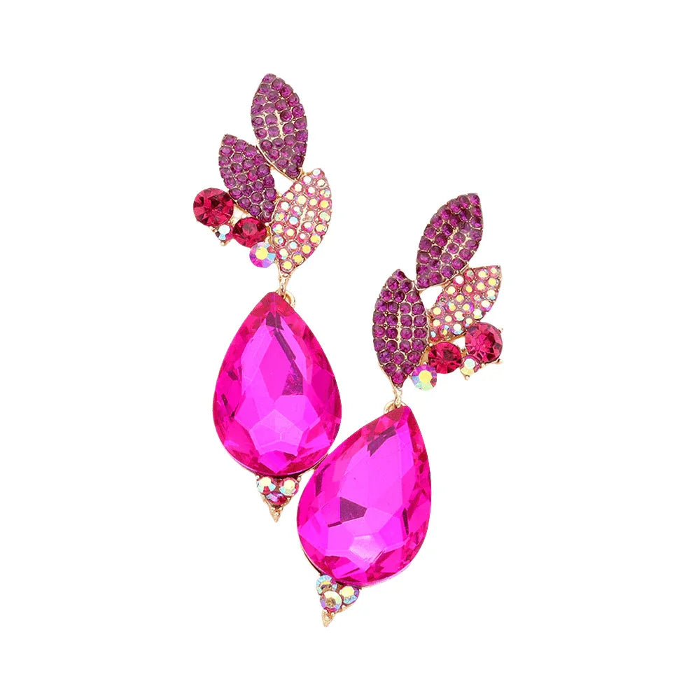 Fuchsia Crystal Rhinestone Pave Leaf Teardrop Evening Earrings - Jewelry Store by Erik Rayo
