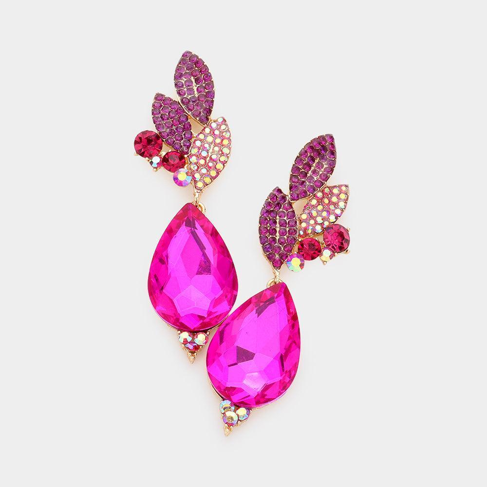 Fuchsia Crystal Rhinestone Pave Leaf Teardrop Evening Earrings - Jewelry Store by Erik Rayo