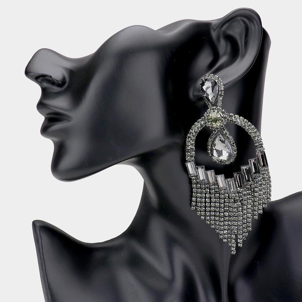 Black Teardrop Stone Accented Rhinestone Fringe Evening Earrings - Jewelry Store by Erik Rayo