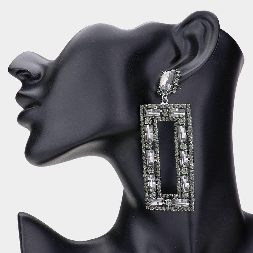 Black Stone Cluster Open Rectangle Dangle Evening Earrings - Jewelry Store by Erik Rayo