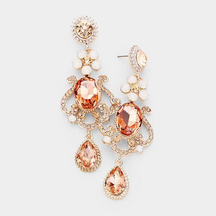 Rose Gold Floral Teardrop Crystal Rhinestone Dangle Evening Earrings - Jewelry Store by Erik Rayo