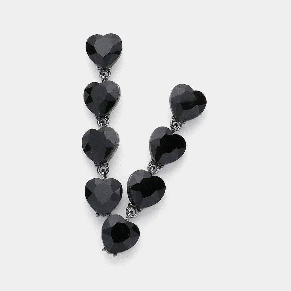 Black Heart Stone Cluster Link Dropdown Evening Earrings