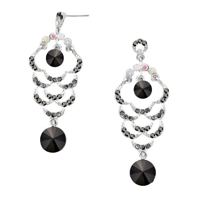 Black Round Crystal Rhinestone Dangle Evening Earrings