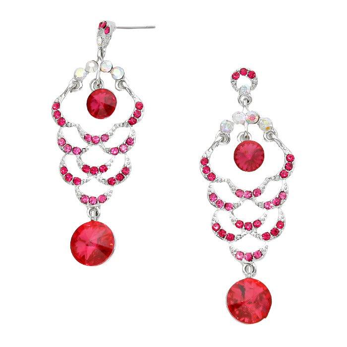 Pink Round Crystal Rhinestone Dangle Evening Earrings