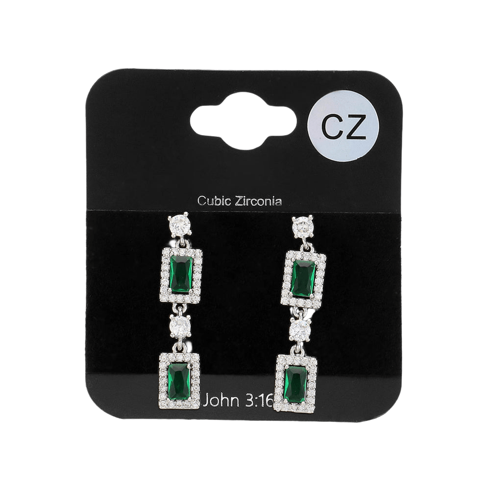 Silver CZ Stone Cluster Dangle Evening Earrings