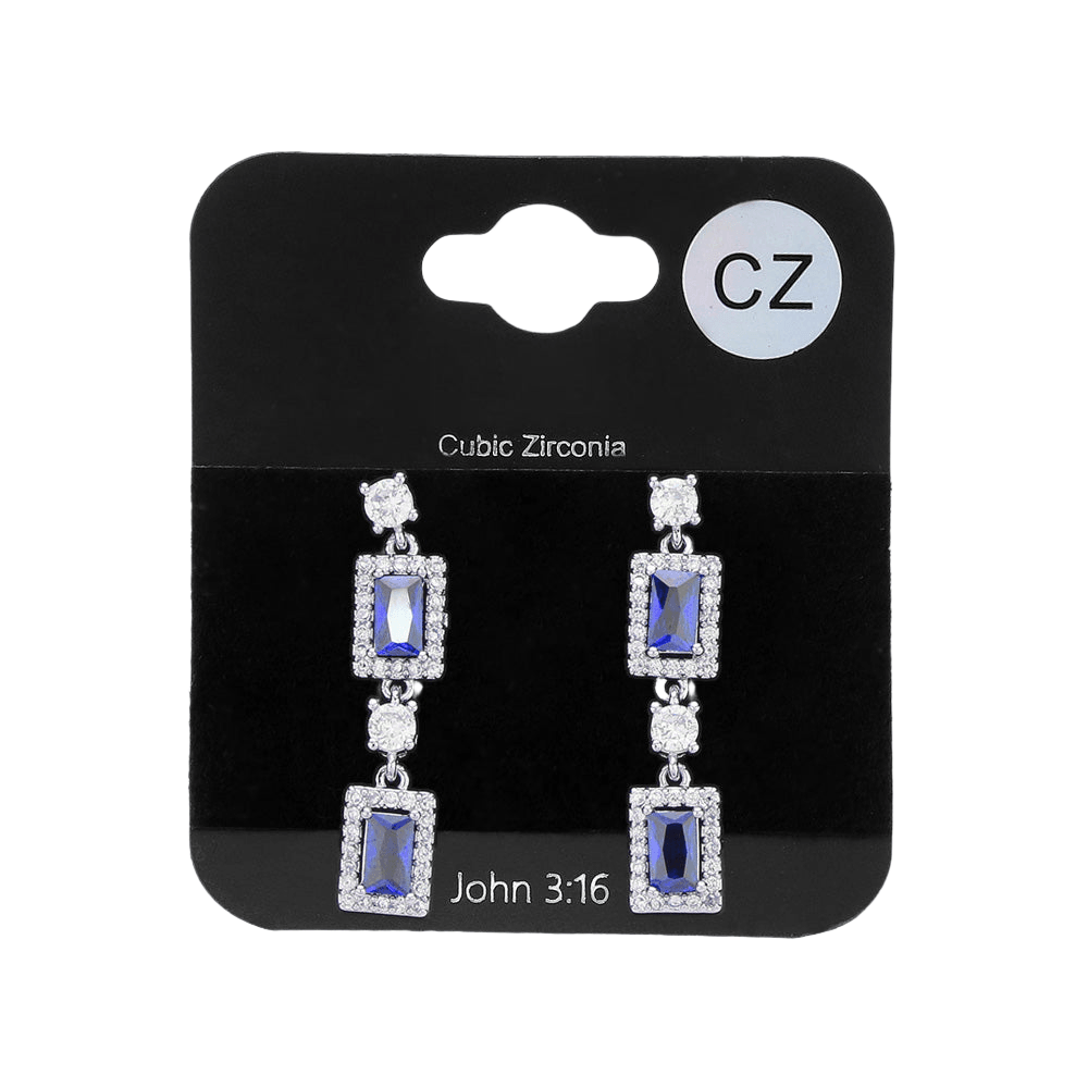 Silver CZ Stone Cluster Dangle Evening Earrings