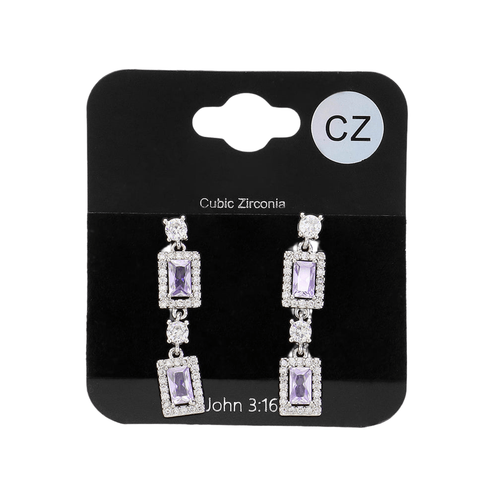 Silver CZ Stone Cluster Dangle Evening Earrings