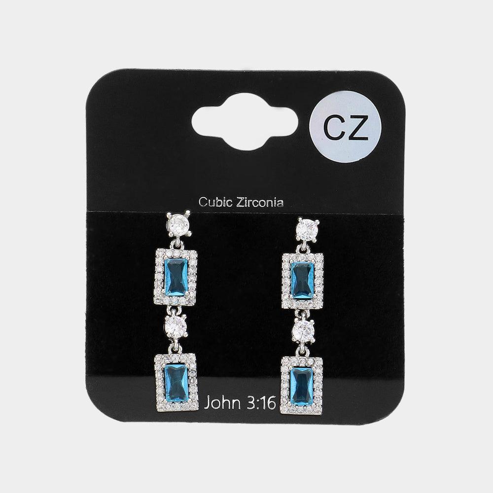 Turquoise CZ Stone Cluster Dangle Evening Earrings