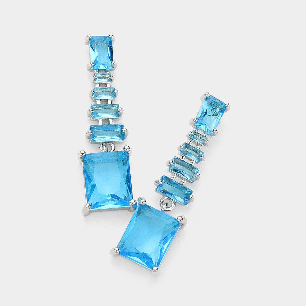 Turquoise CZ Emerald Cut Stone Dangle Evening Earrings