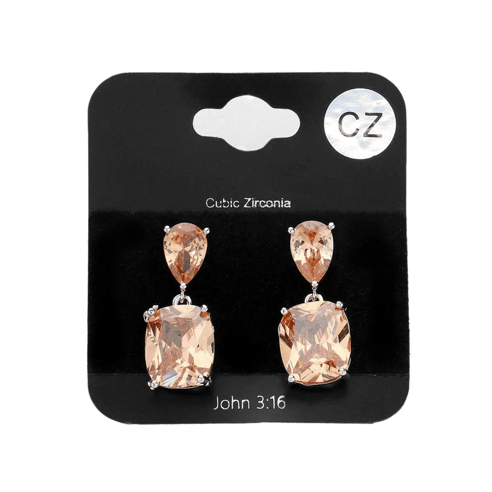 Silver CZ Teardrop Rectangle Stone Cluster Dangle Evening Earrings - Jewelry Store by Erik Rayo