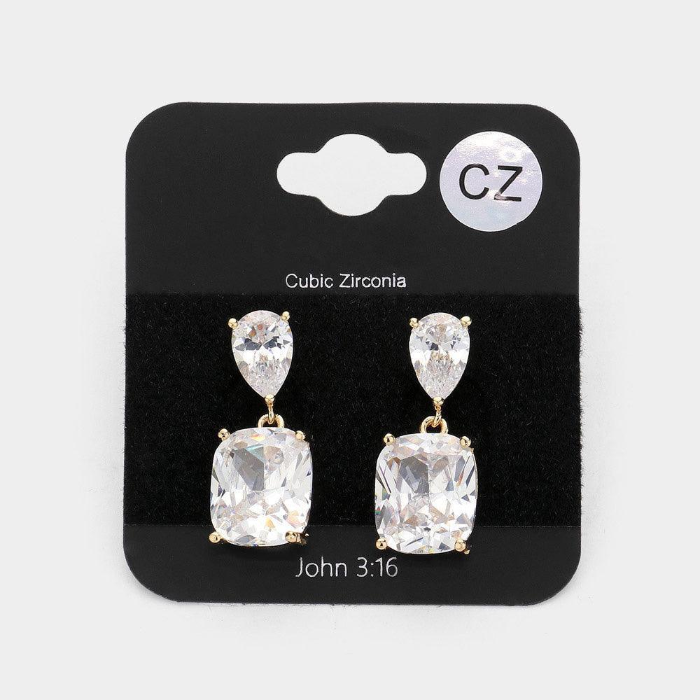 Gold CZ Teardrop Rectangle Stone Cluster Dangle Evening Earrings - Jewelry Store by Erik Rayo