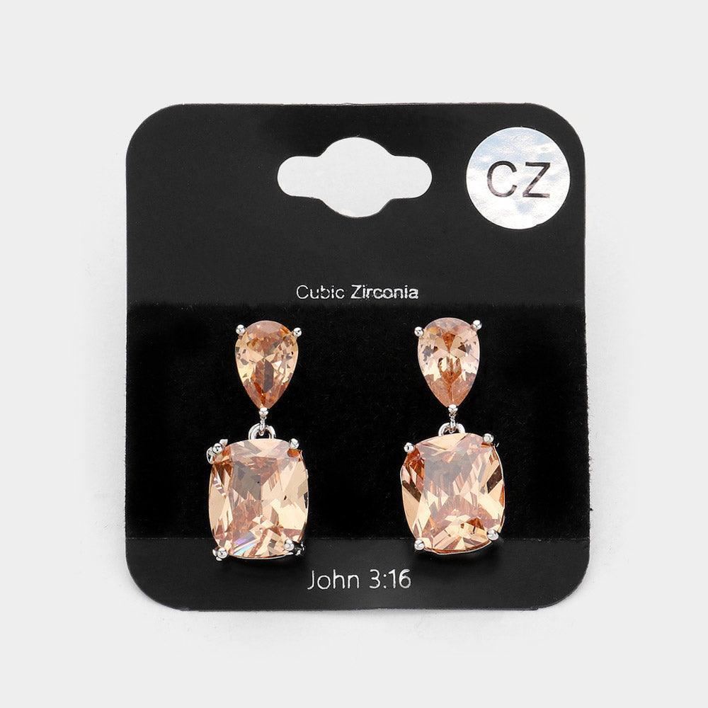 Silver CZ Teardrop Rectangle Stone Cluster Dangle Evening Earrings - Jewelry Store by Erik Rayo