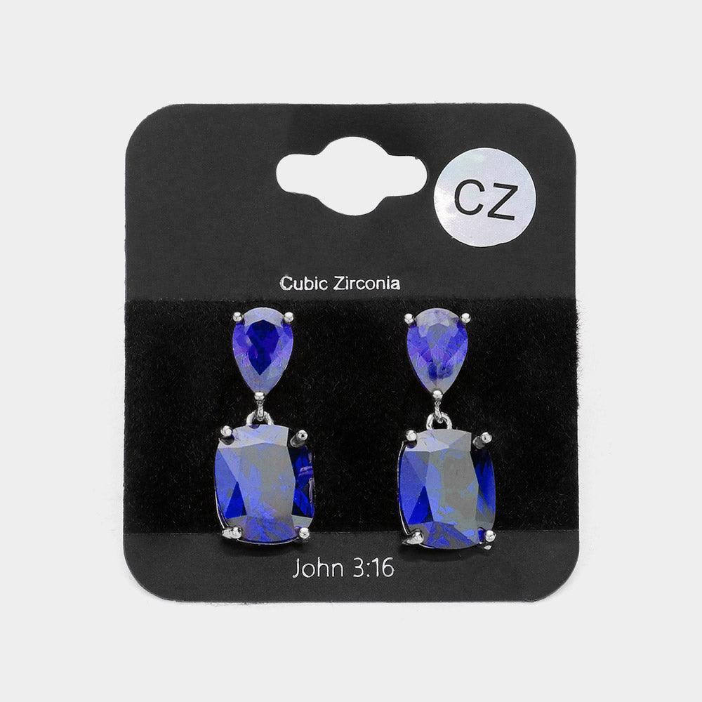 Silver CZ Teardrop Rectangle Stone Cluster Dangle Evening Earrings - Jewelry Store by Erik Rayo