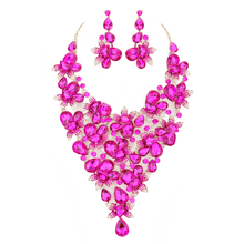 Load image into Gallery viewer, Fuchsia Teardrop Stone Leaf Cluster Vine Statement Evening Necklace
