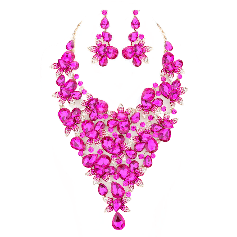 Fuchsia Teardrop Stone Leaf Cluster Vine Statement Evening Necklace