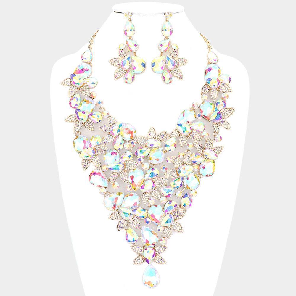 Gold Teardrop Stone Leaf Cluster Vine Statement Evening Necklace - Jewelry Store by Erik Rayo