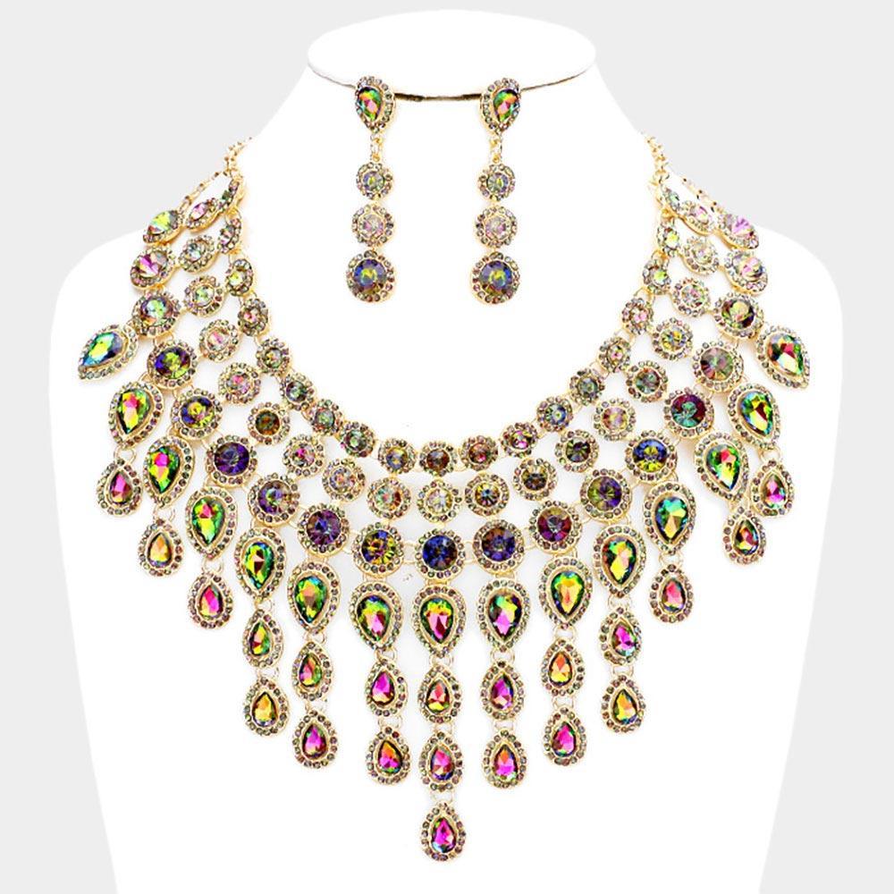Gold Round Teardrop Stone Cluster Evening Bib Necklace