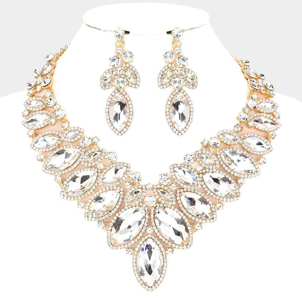 Gold Marquise Stone Cluster Embellished Evening Necklace - Jewelry Store by Erik Rayo
