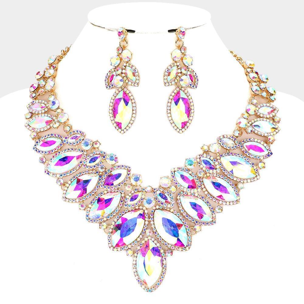 Gold Marquise Stone Cluster Embellished Evening Necklace - Jewelry Store by Erik Rayo