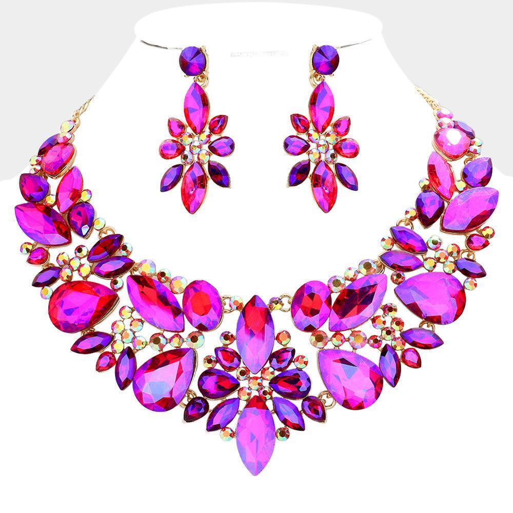 Purple Multi Stone Cluster Evening Necklace