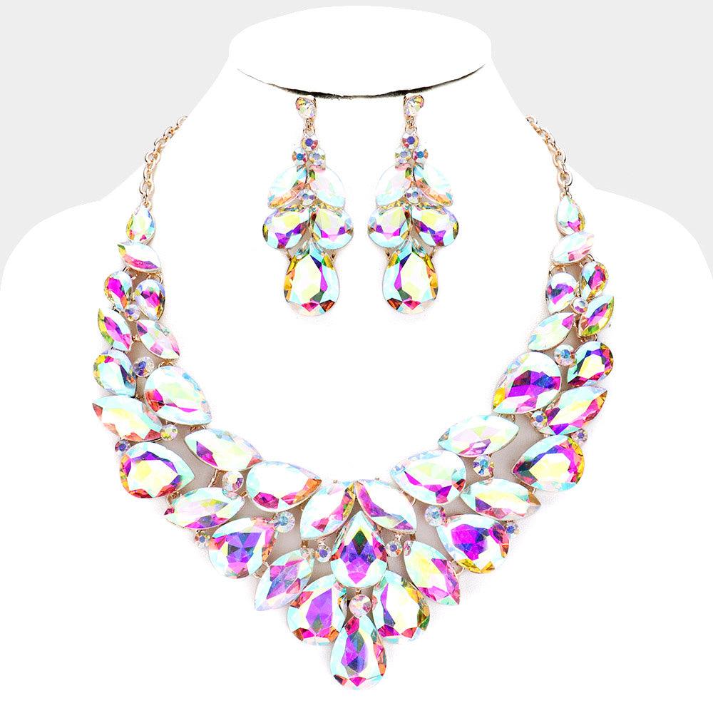 Gold Teardrop Marquise Crystal Evening Necklace