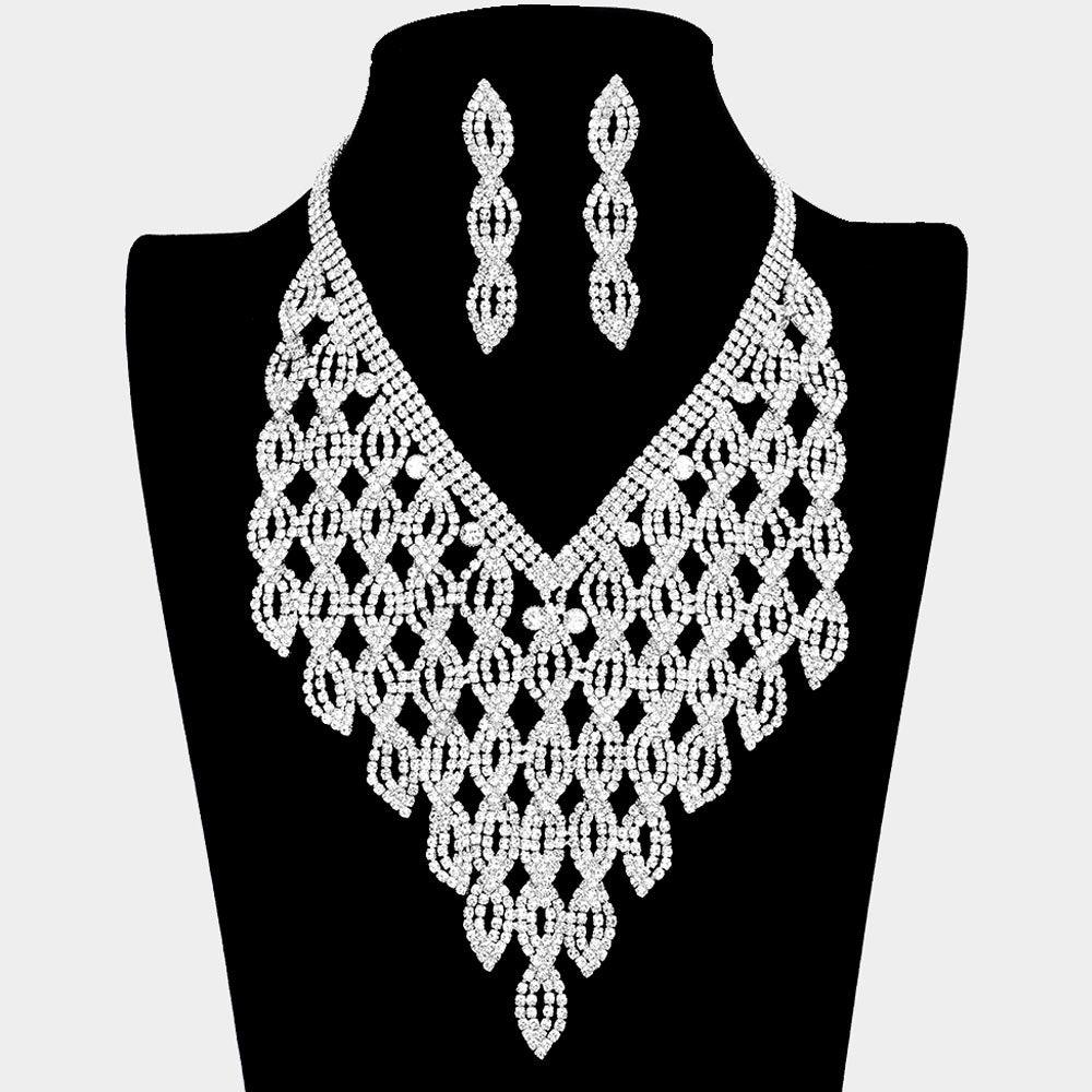 Silver Statement Evening Necklace Rhinestone Paved