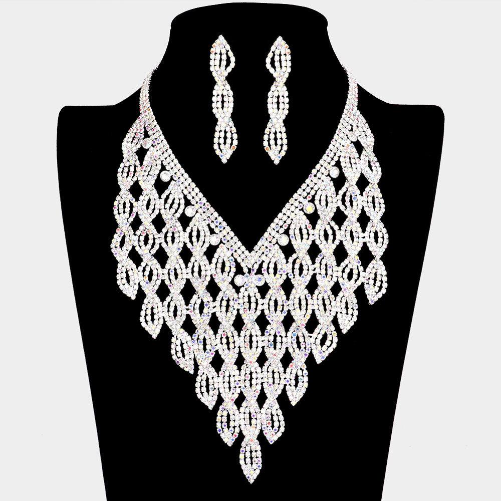 Silver Statement Evening Necklace Rhinestone Paved