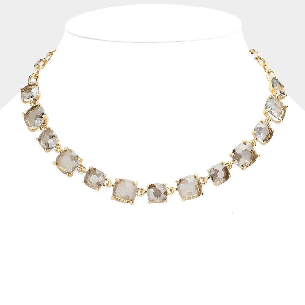 Black Cushion Square Stone Link Evening Necklace
