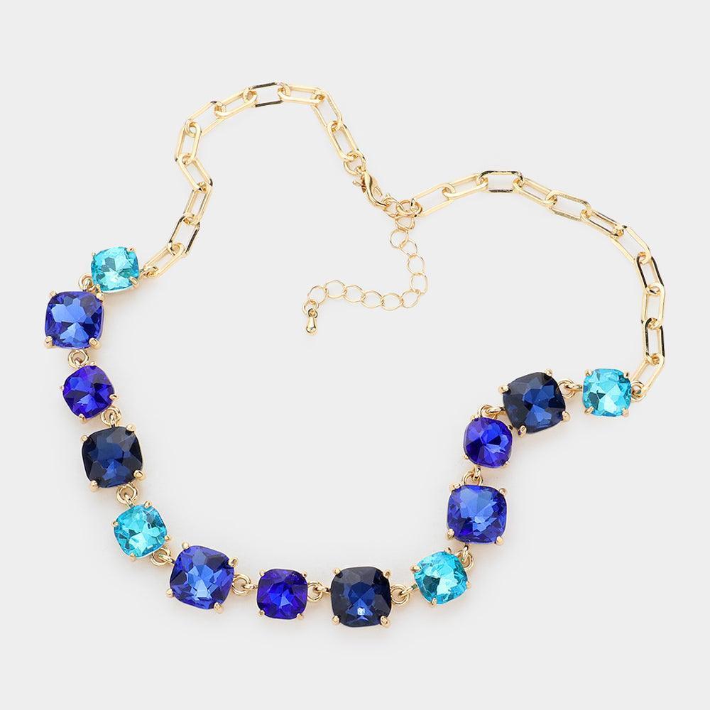Blue Cushion Square Stone Link Evening Necklace - Jewelry Store by Erik Rayo