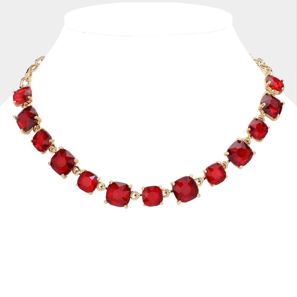 Red Cushion Square Stone Link Evening Necklace